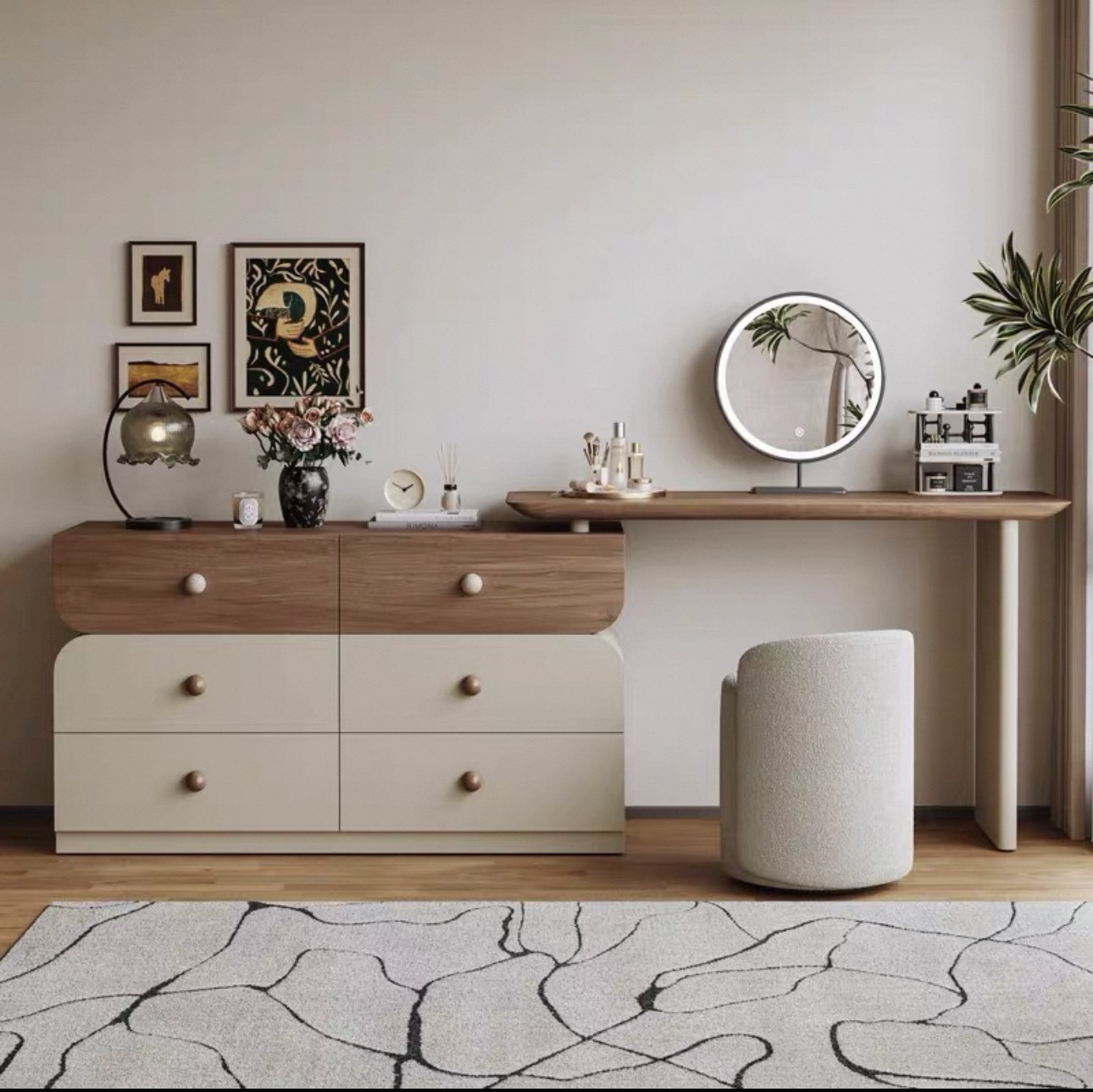 新中式实木复古梳妆台斗柜一体卧室中古风收纳化妆桌床尾置物伸缩