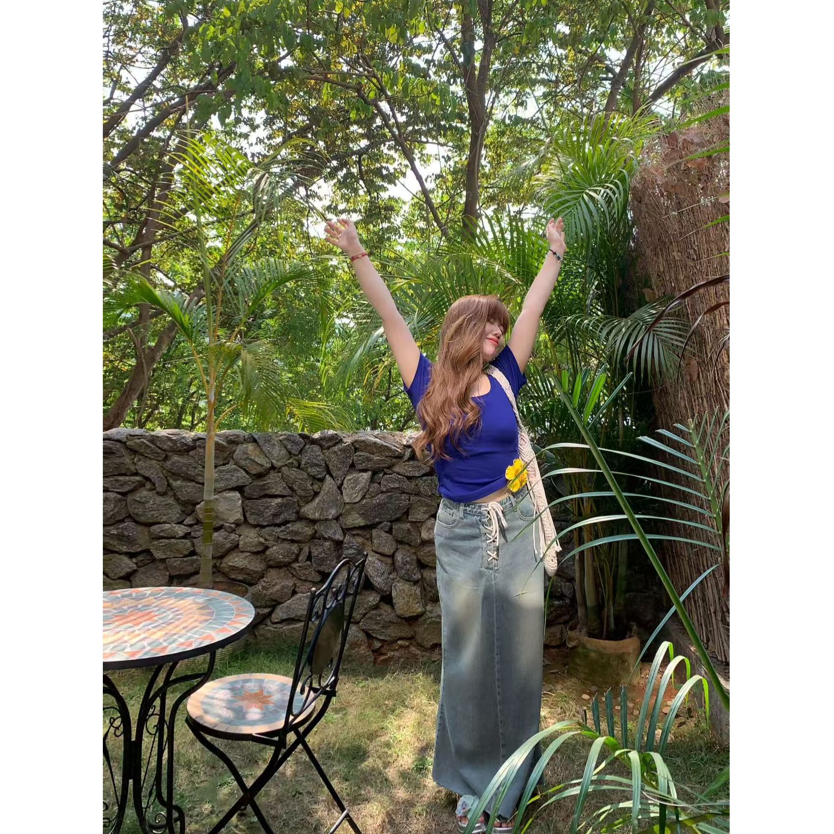 【现货】米米子“轻傣丹宁”交叉系带洗水流苏鱼尾牛仔半身长裙春款裙