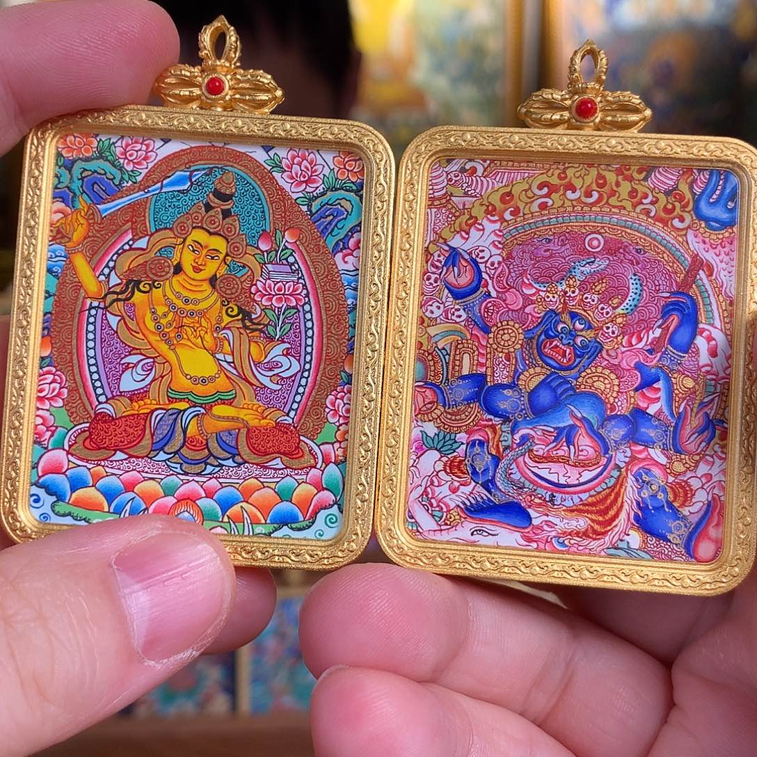 世***源吊坠热贡纯手绘唐卡文殊大黑天