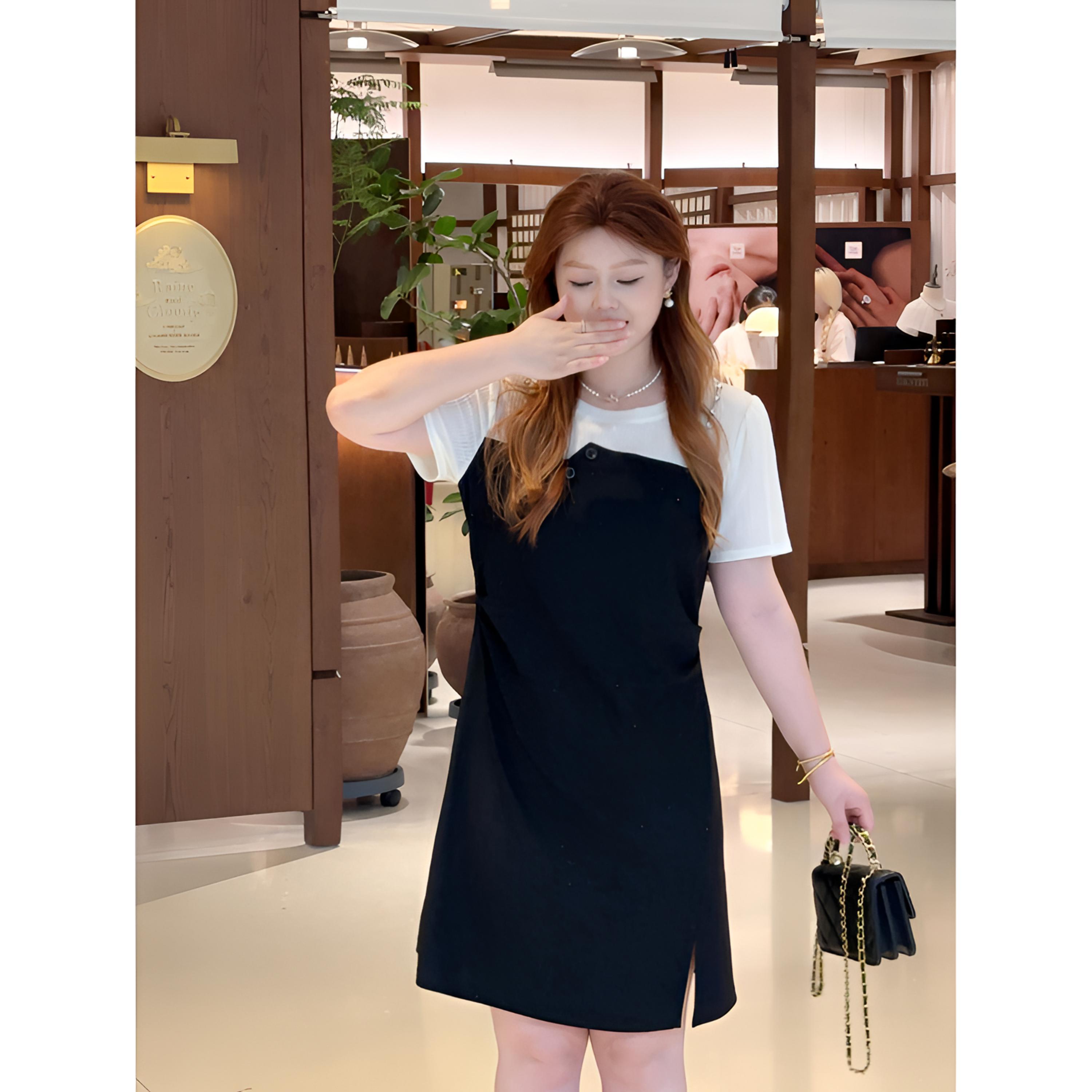 楠序源子微胖女装2025夏季显瘦减龄拼接假两件短袖连衣裙DD10620