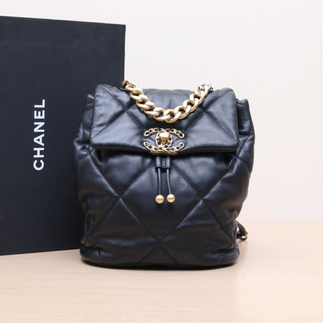 95新 Chanel/香奈儿 小花双双 24C 19BAG 迷你双肩包 黑色 芯片开