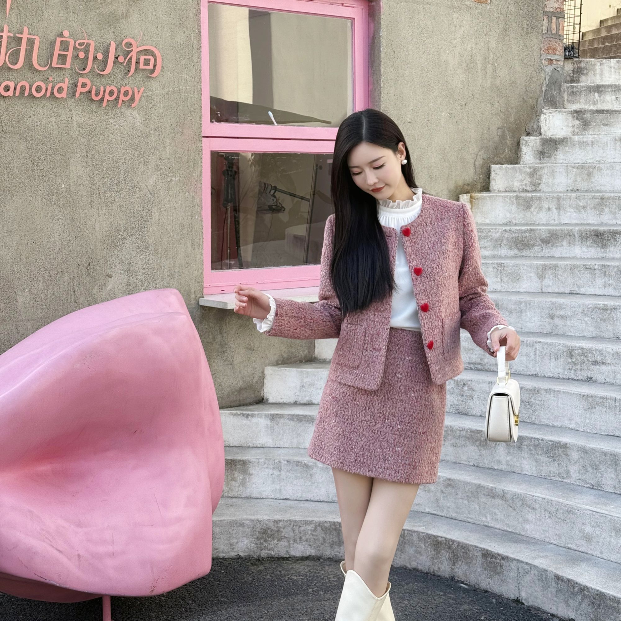 慧慧【樱花之恋】纯色设计感小香风套装2025春季新款优雅气质短外套