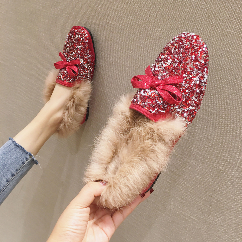 红色毛毛鞋外穿婚鞋冬季新娘鞋孕妇不累脚秀禾宽肥平时可穿豆豆鞋