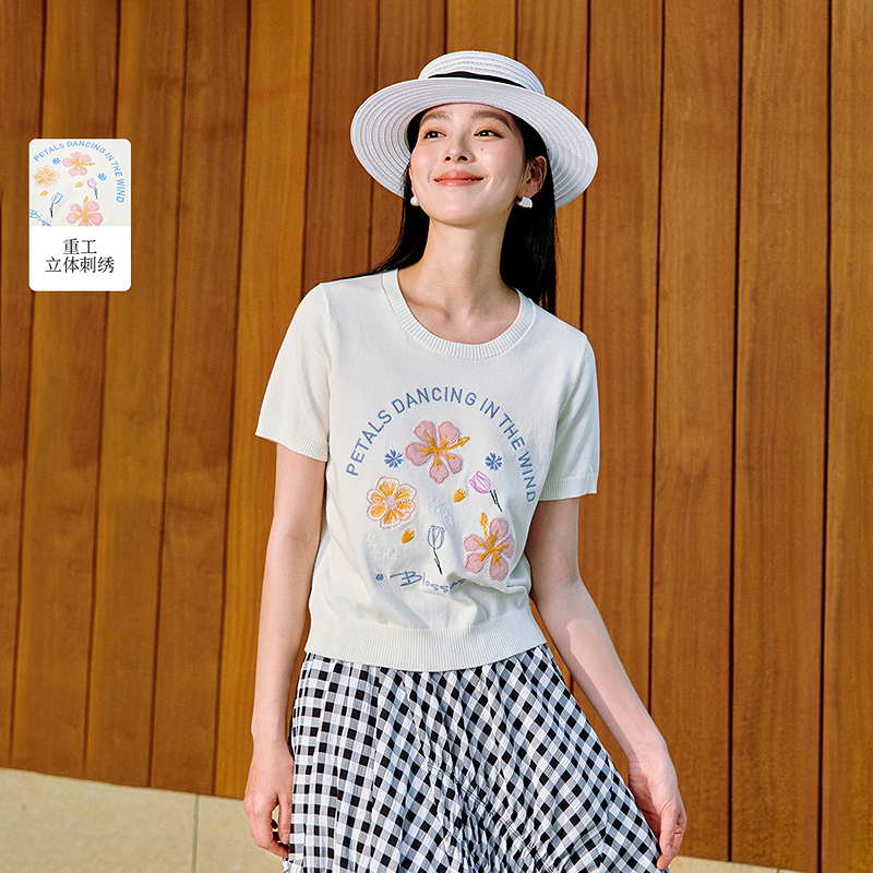 【年终狂欢购】茵曼夏季清新重工花卉刺绣针织衫透气百搭短袖上衣