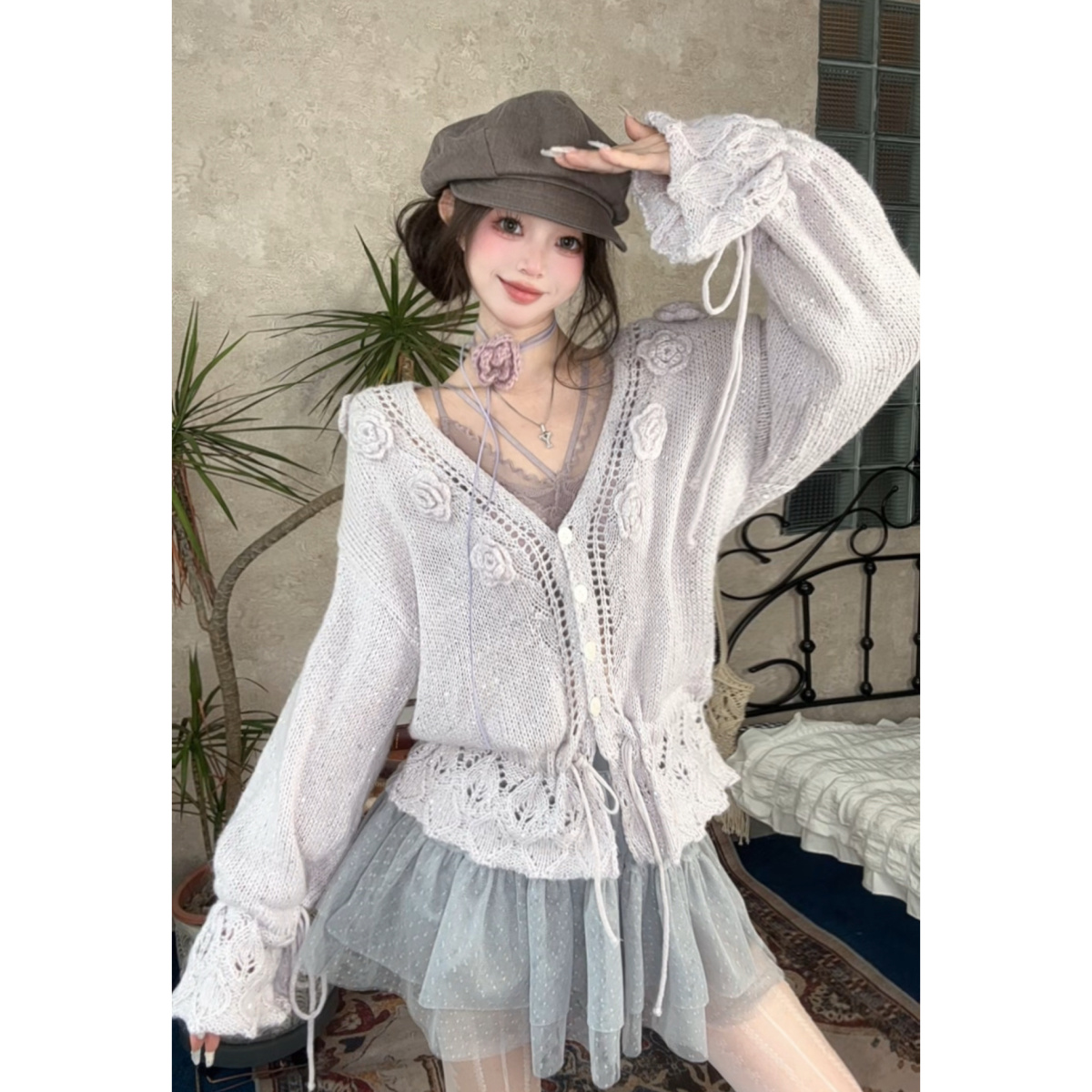 ｛棉蜜芋泥｝淡紫色钩花针织毛衣女早秋款 甜美温柔风开衫外搭韩系