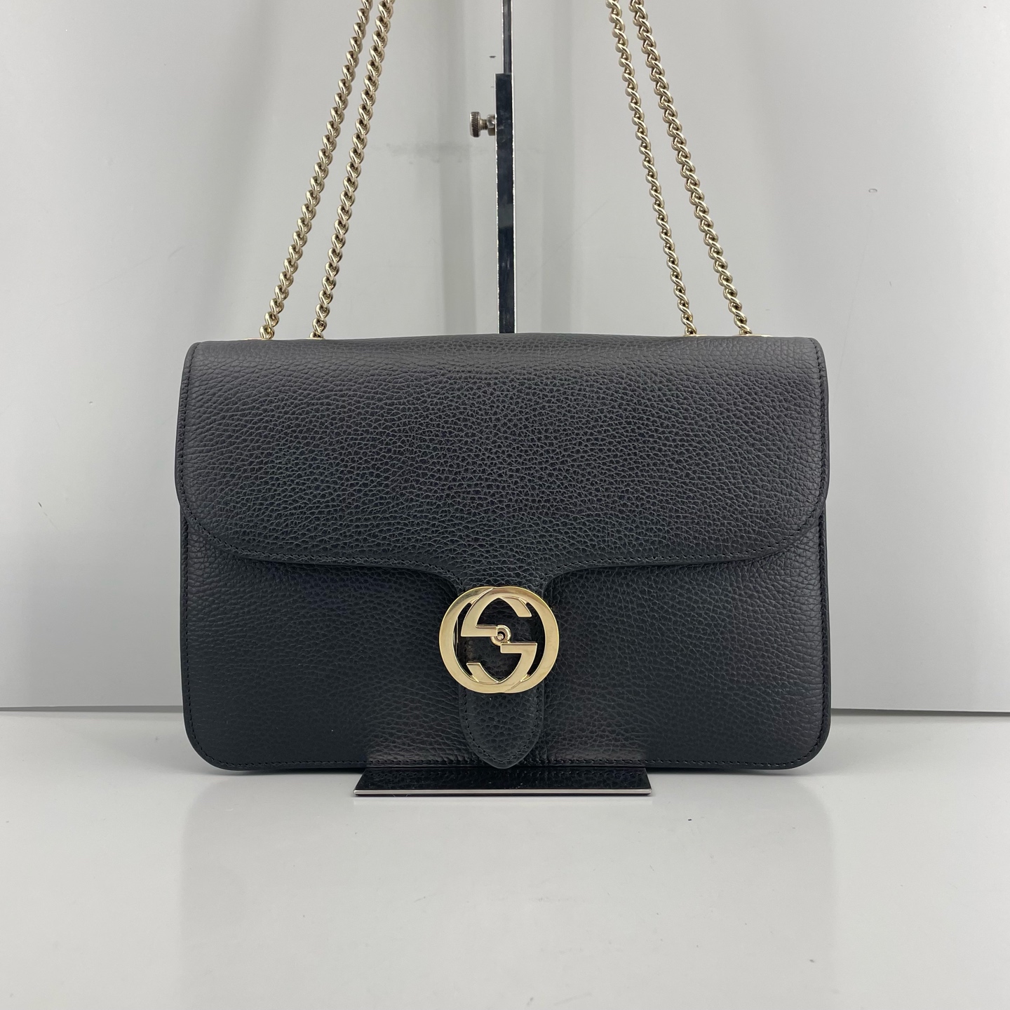 95新 GUCCI/古驰 优选/双G黑色大号风琴链条包黑标026/28x19x6