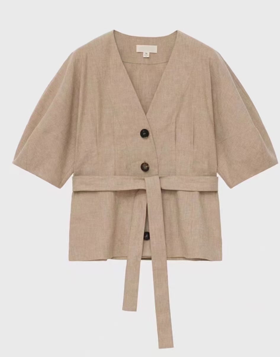 53老钱风宽松棉麻短袖系带上衣复古V领亚麻上衣