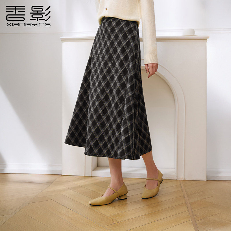 【直播专享】R85W723半身裙 香影复古格纹半身裙冬季新款垂感显瘦