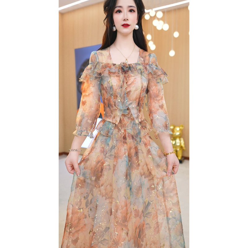 【上下两件套】夏季新款方领碎花时尚修身收腰显瘦显白中长款套裙