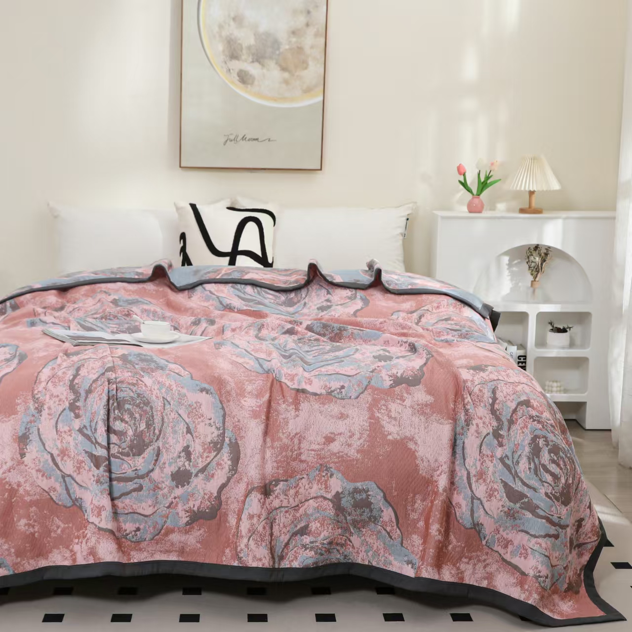 【盖毯】海岛长绒棉罗布麻蛋白精梳毯240*250cm床盖 曼塔玫瑰