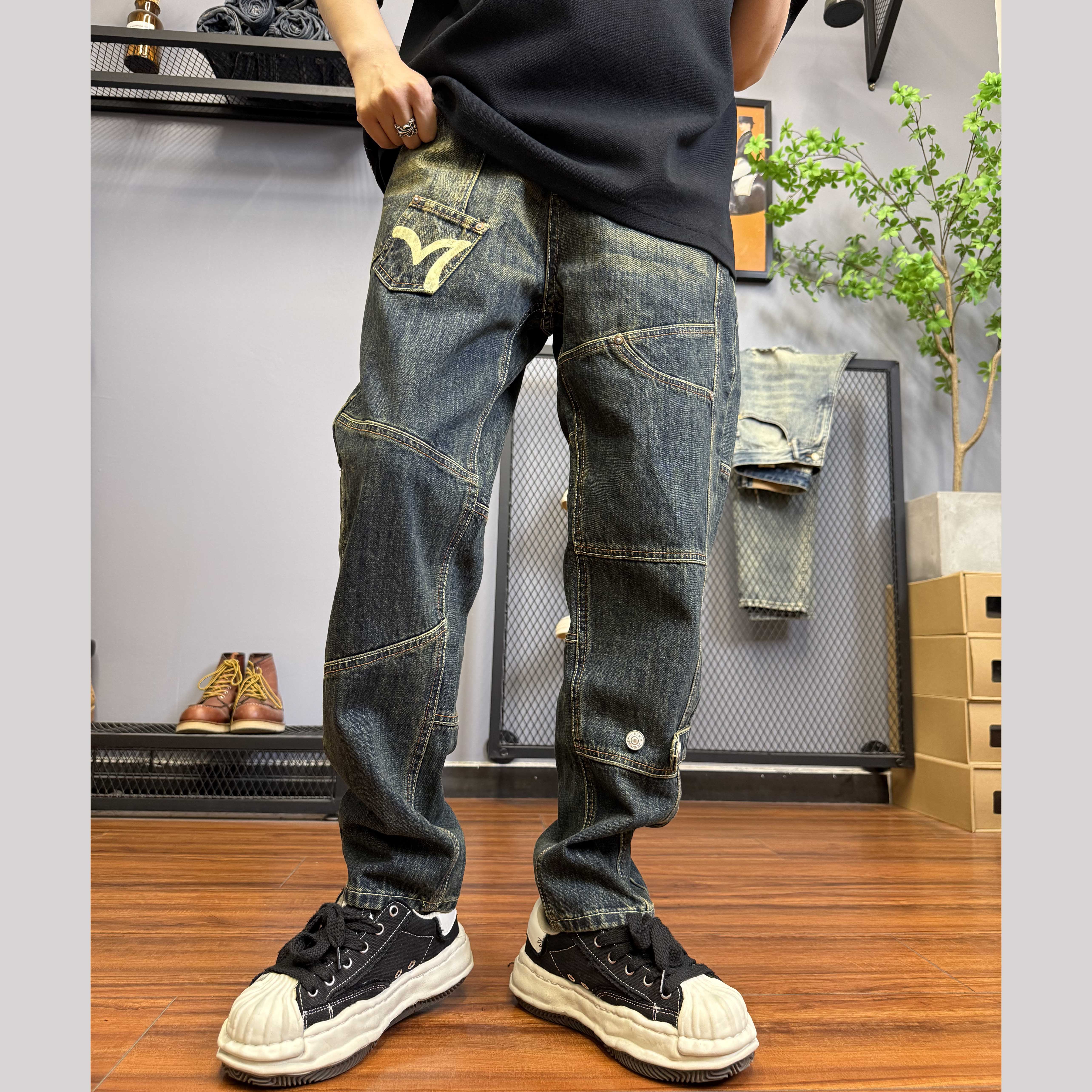秋季潮牌复古水洗牛仔裤男拼接多口袋美式高街宽松直筒长裤5877