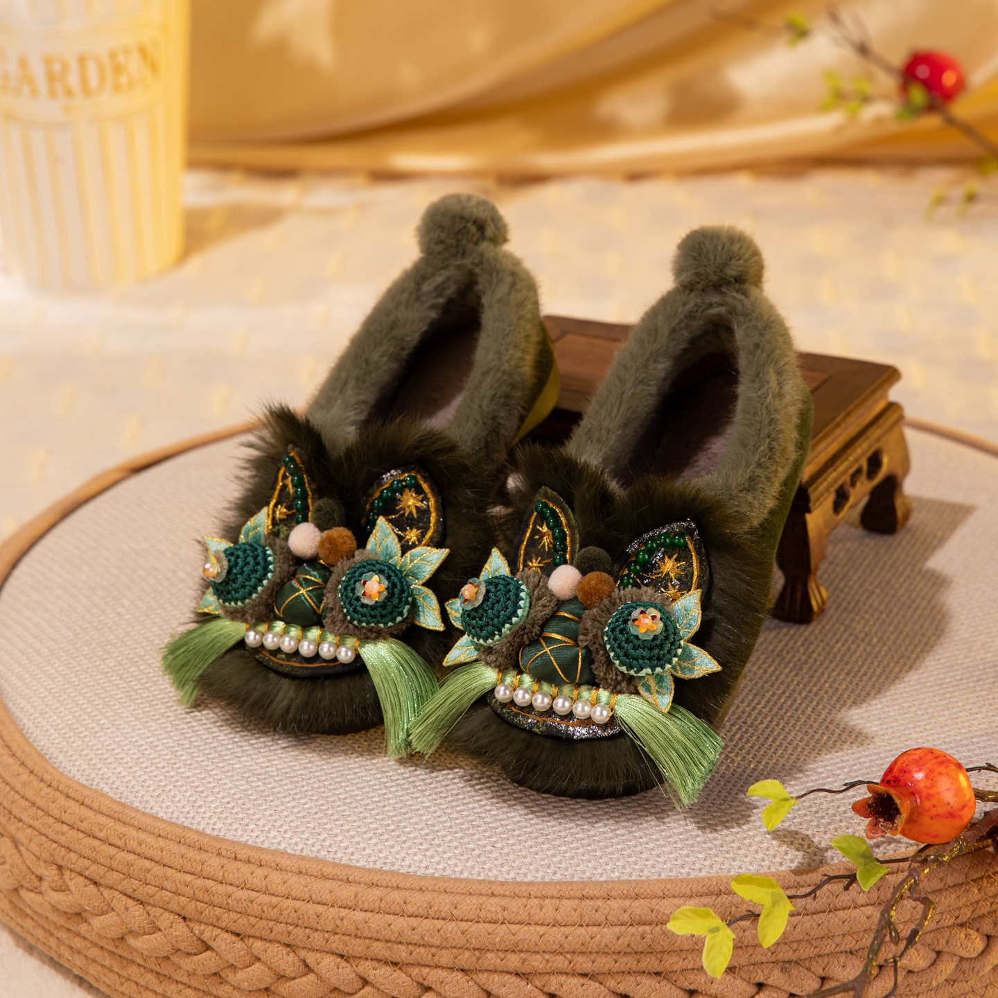 女款秋冬碧绿国风轻奢毛毛棉鞋虎头鞋保暖舒适外出防滑2025新款