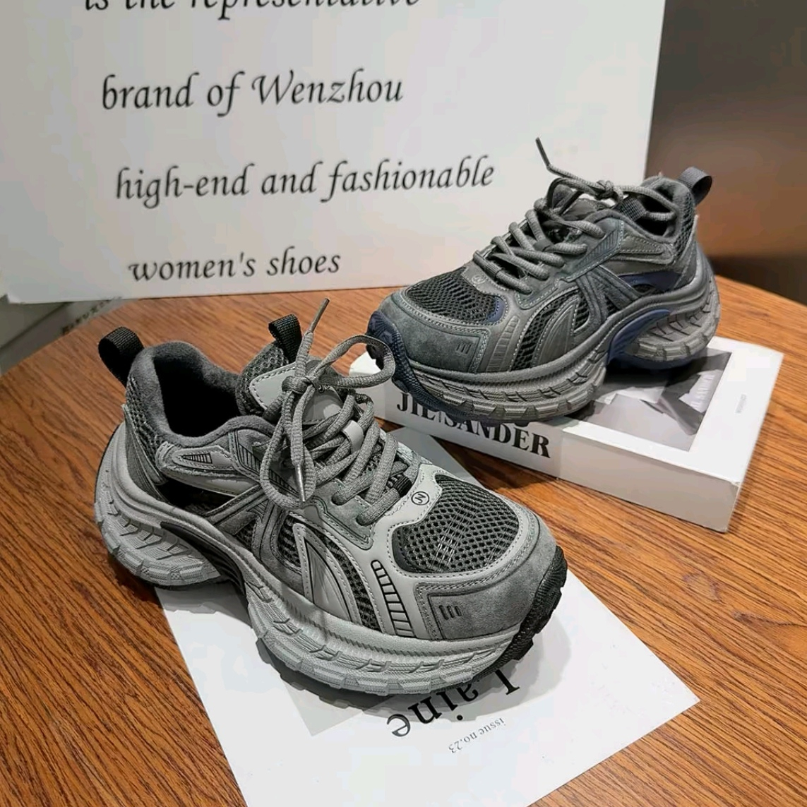 GCW巴家新款老爹鞋2025冬季韩版厚底休闲鞋拼色网面厚底加绒运动