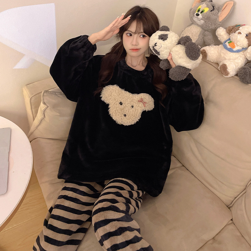 冬季卡通半边绒软绵绵学生珊瑚绒睡衣女士可外穿家居服加厚套装