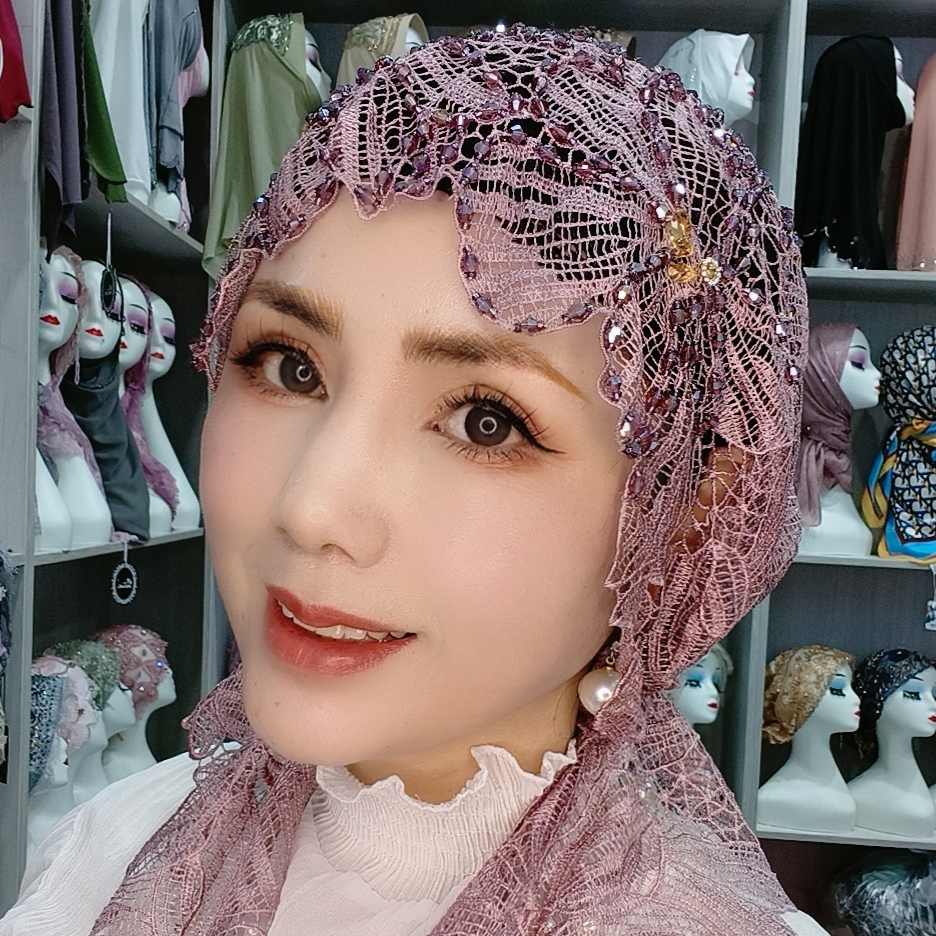 叶玉利利时尚飘带手工盖头帽重工帽子女士蕾丝镂空包头帽头巾