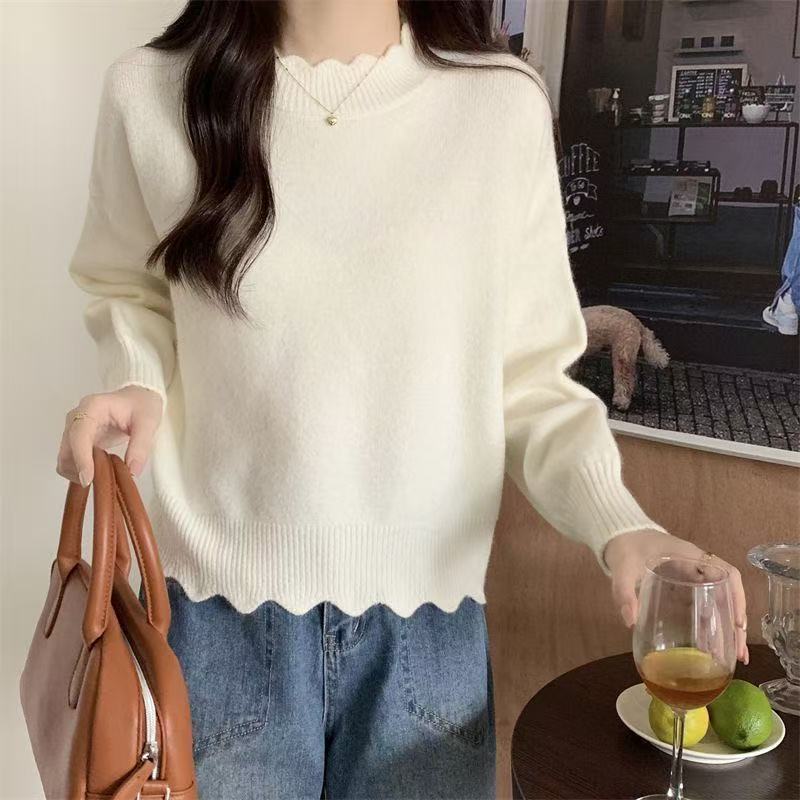 法式花边半高领正肩针织衫毛衣女秋冬大码短款打底衫软糯上衣