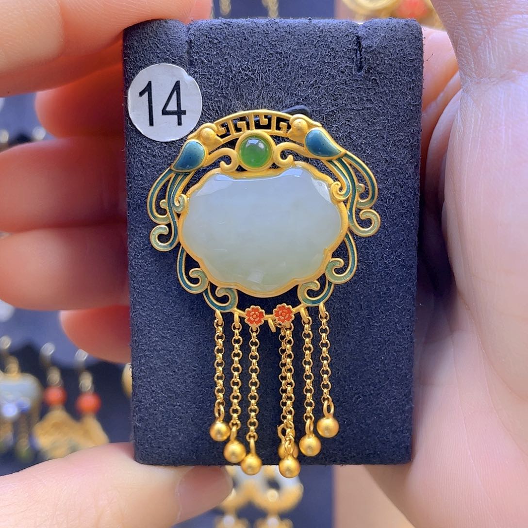 和田玉颈饰银S925镀金镶嵌