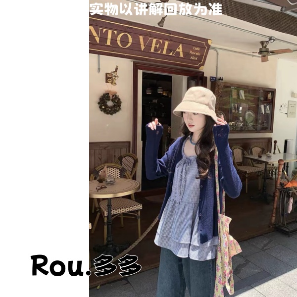 「Rou.多多」秋季新款大码女装圆领格纹背心上衣百搭开衫可爱风套装