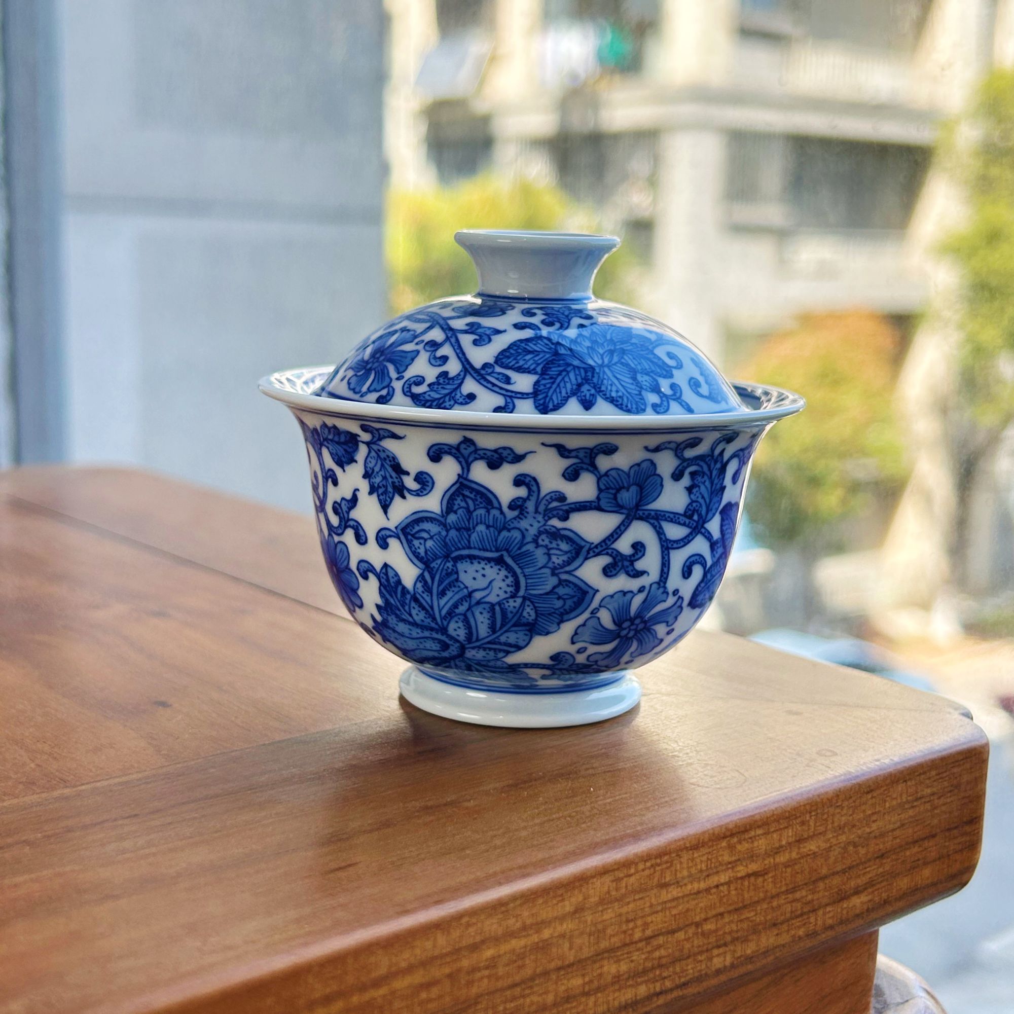 纯手工手绘青花西番莲盖碗缠枝莲柴窑泡茶碗高温家用釉下彩茶具