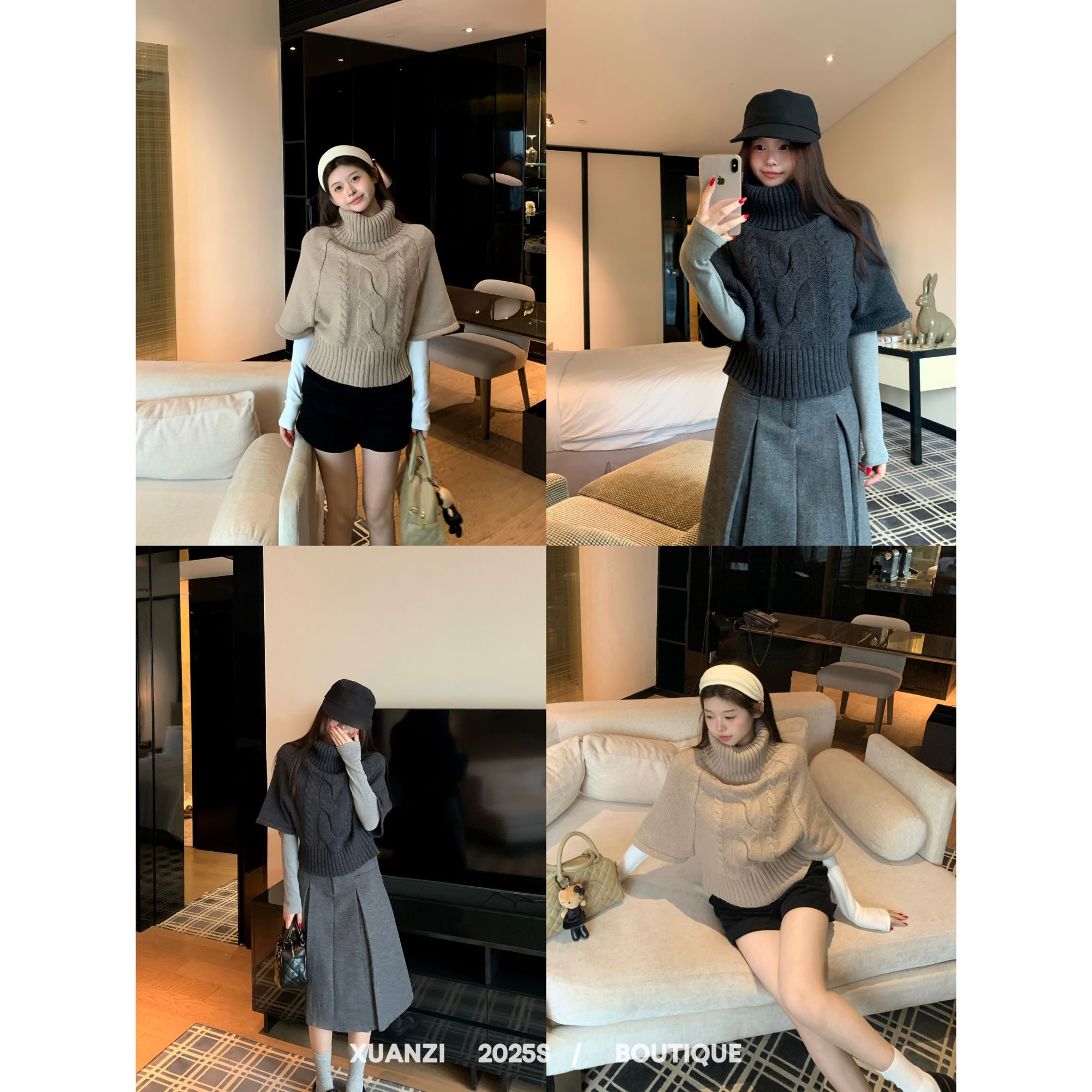 XUANZI【老钱氛围】麻花高领斗篷毛衣女秋冬宽松蝙蝠袖气质针织衫