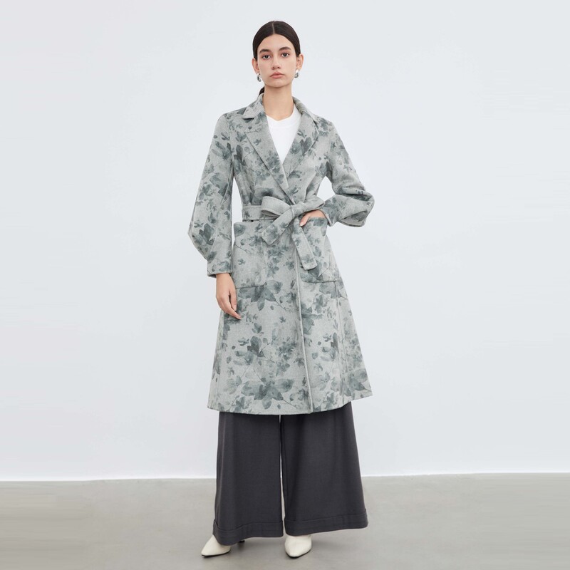 sdeer圣迪奥女装西装领时尚休闲收腰印花双面呢长款大衣S23482502