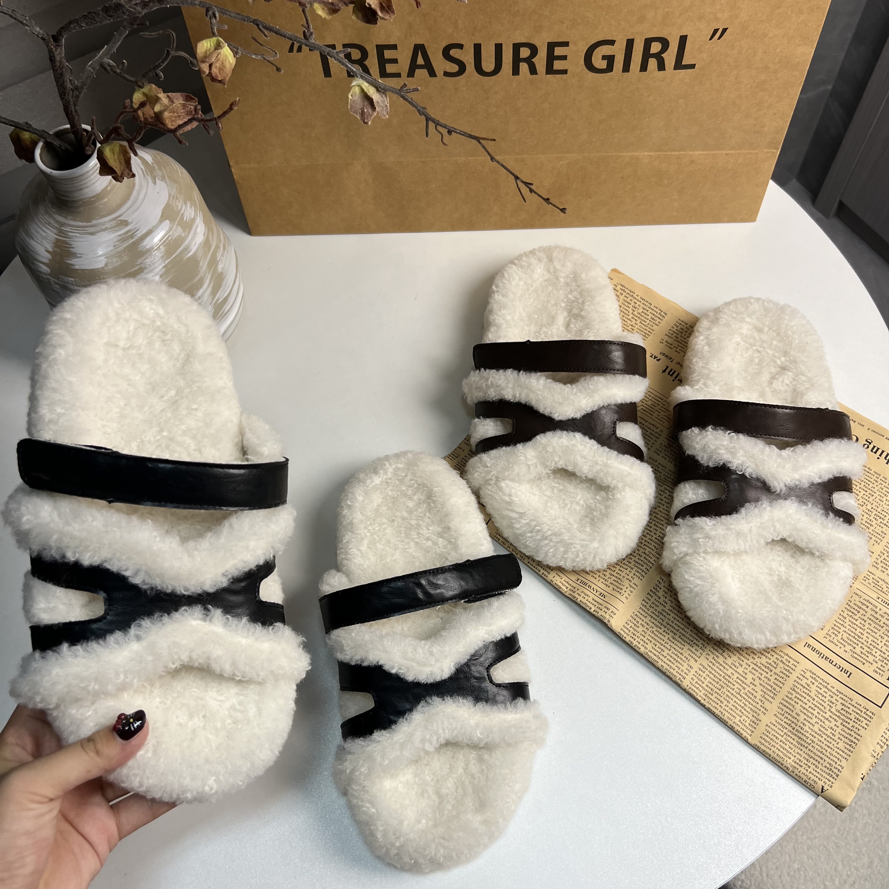 法式薄款休闲风松糕底拼色一字拖外穿毛拖拖鞋网红时尚厚底毛拖