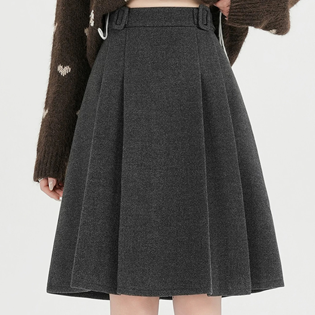 Meiky饼 通勤百搭 时尚高腰显瘦压褶设计A字半身裙 2色