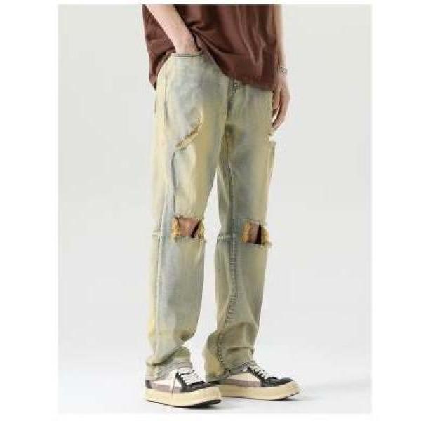 美式街头水洗做旧破洞牛仔裤男女春秋直筒宽松欧美高街vibe风