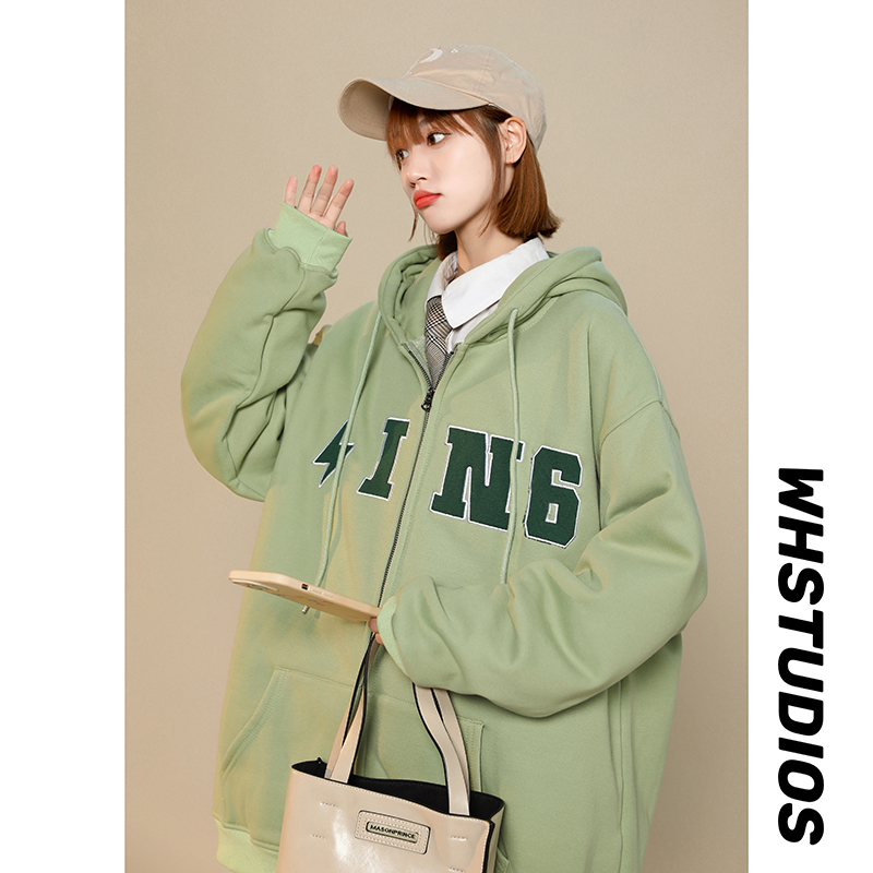 【11136包邮】2025春秋新款港风青少年加绒绣花字母开衫卫衣外套