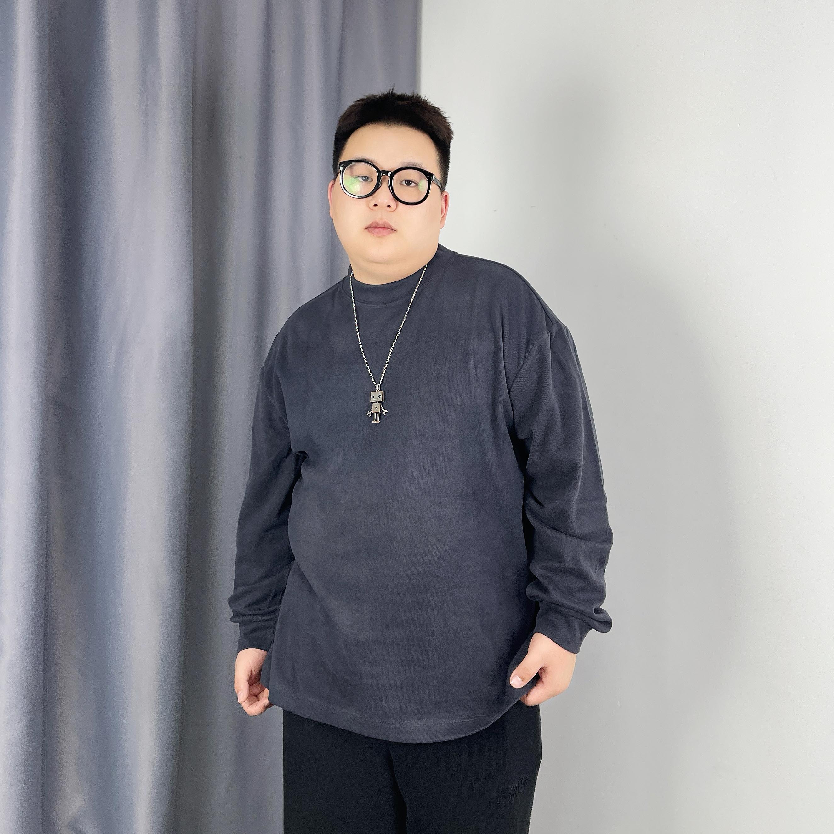 大仙仙儿2025秋季新款男士休闲宽松大码纯色弹力圆领磨毛长袖T恤