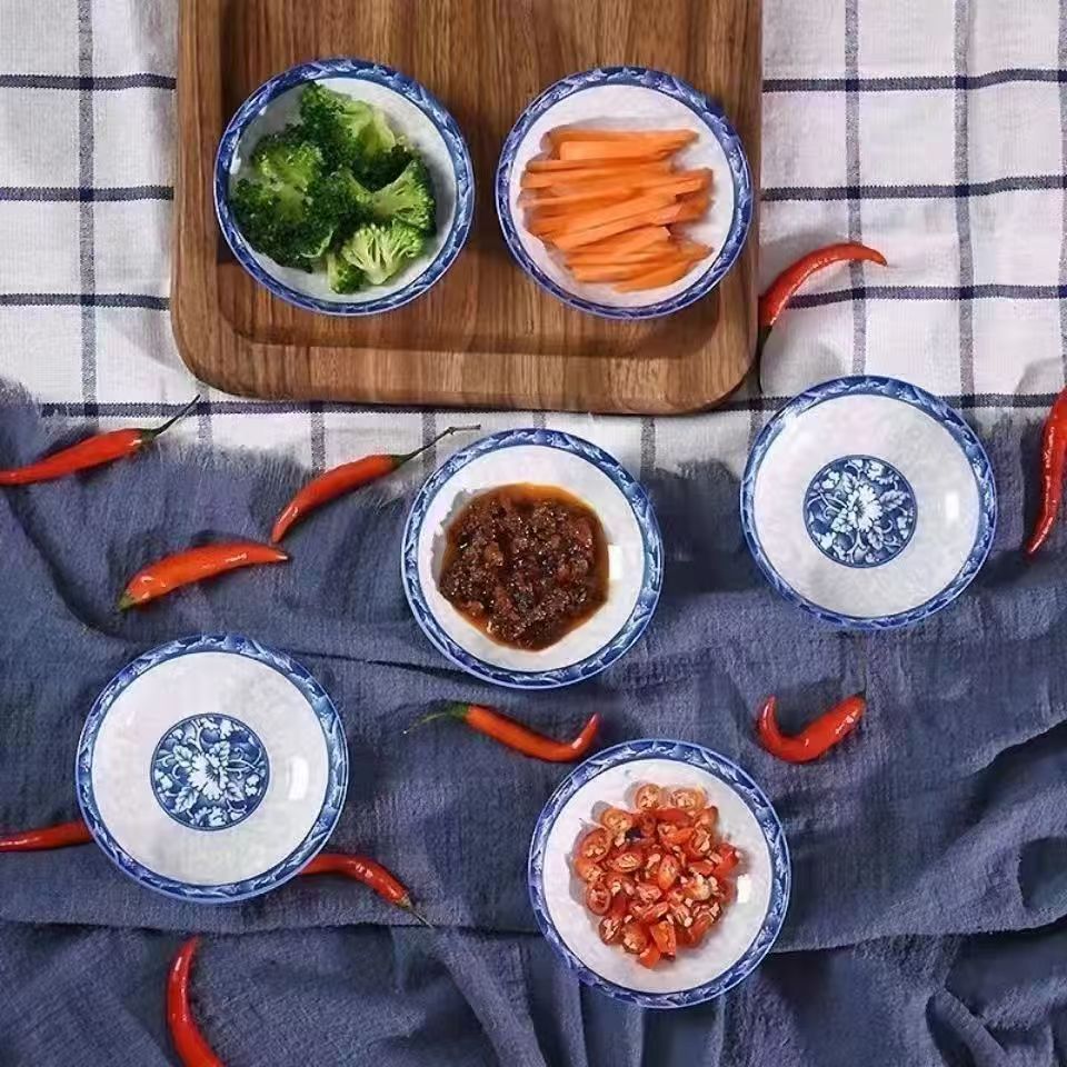 （6个装）景德青花青枝玉蔓4英寸蘸料碟烤肉料碟釉下彩中式青花