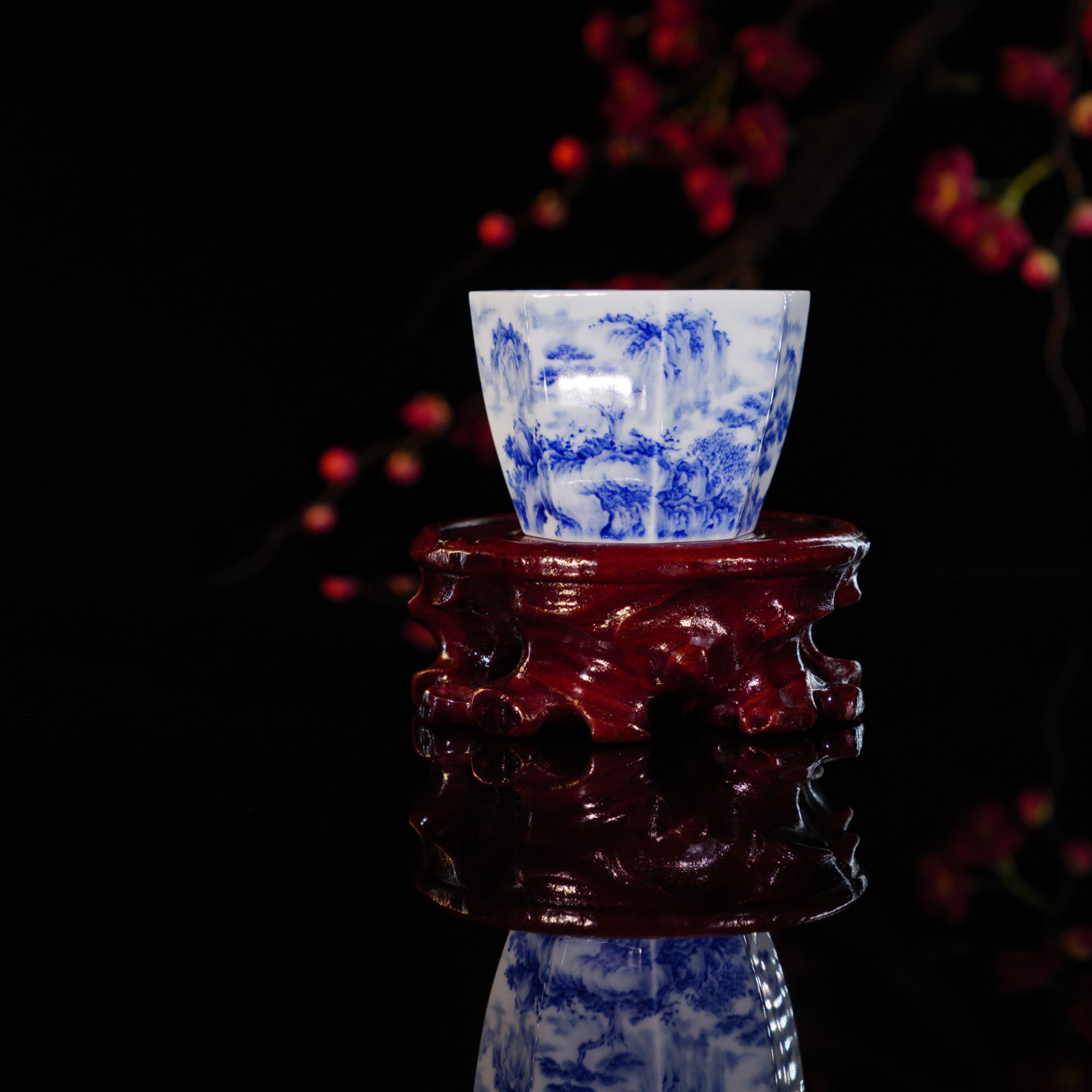 禄意窑青花山水八方杯主人杯手工手绘景德镇陶瓷茶具中式