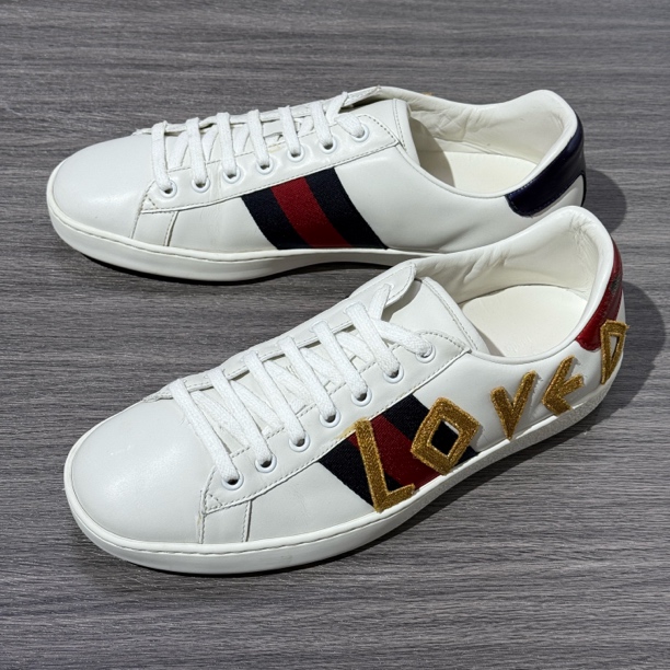 90新 GUCCI/古驰 42码 ACE "LOVED" 刺绣 低帮 时尚板鞋 女款 白