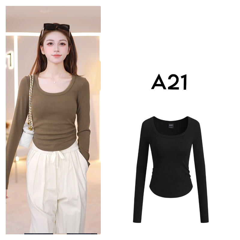 A21女装新款夏秋两季可款针织修身圆领长袖T恤F443231005