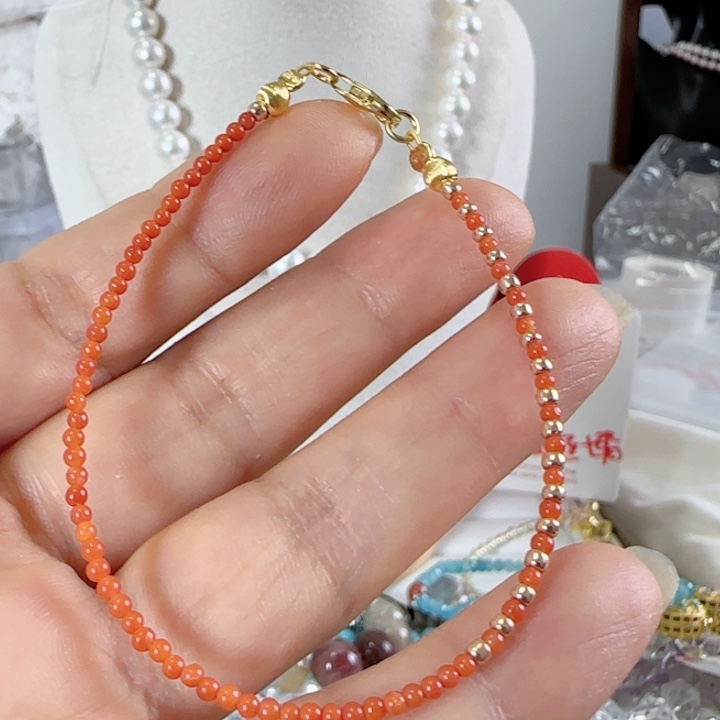 银S925镶嵌淡水珍珠红色南款式链卡2左右配件链