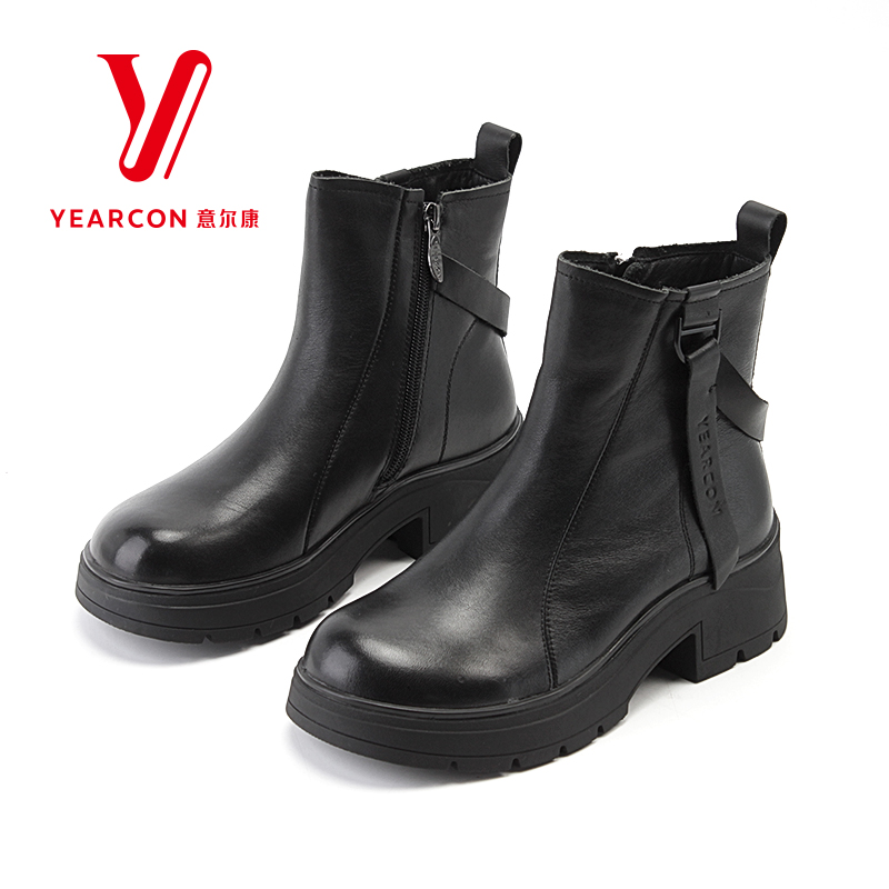 意尔康真皮女靴英伦风切尔西短靴冬季加绒棉靴女厚底烟筒靴486062