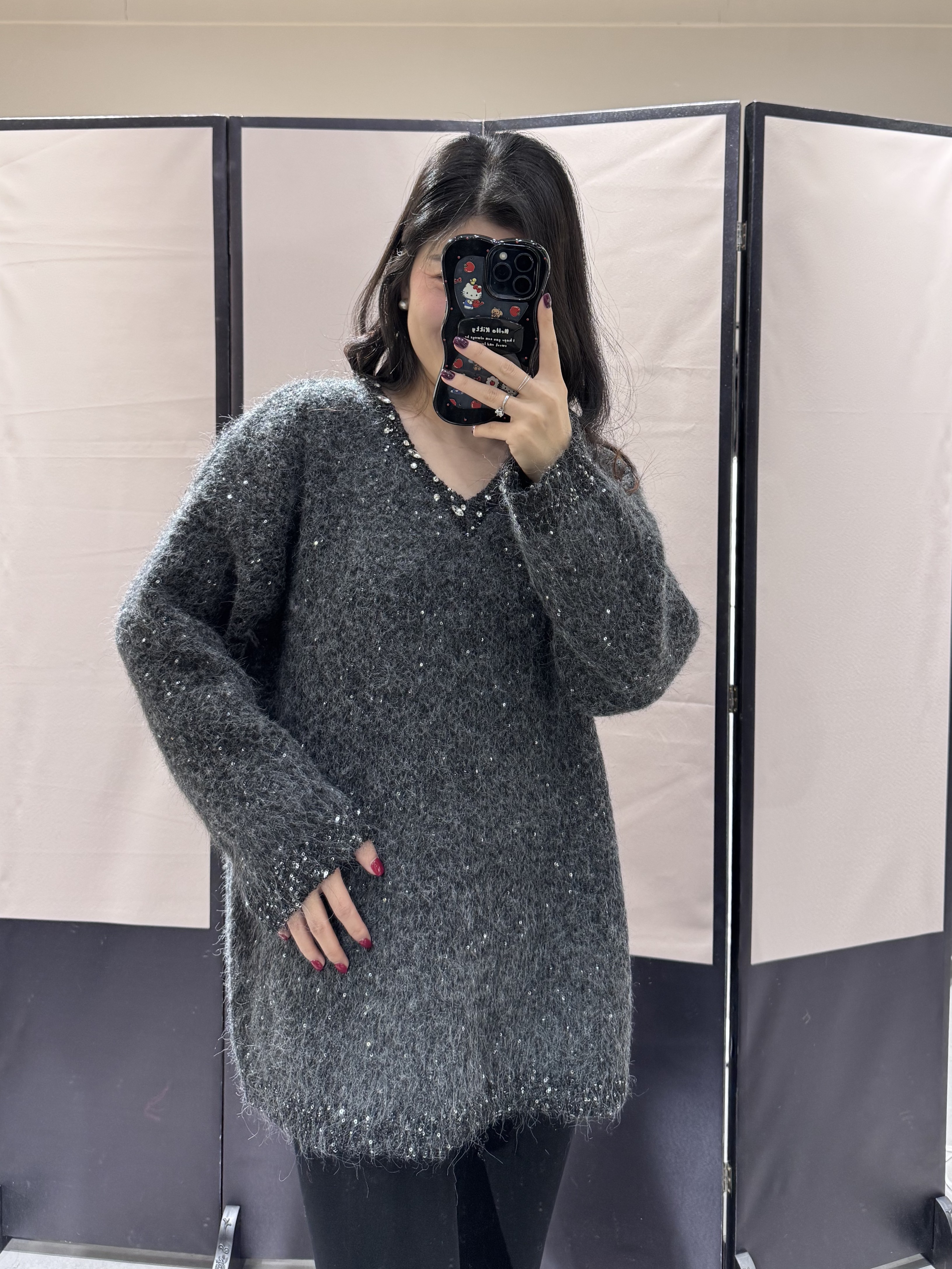 2025冬季针织小V领亮晶晶中长款毛衣宽松ins时尚加厚衣长80左右