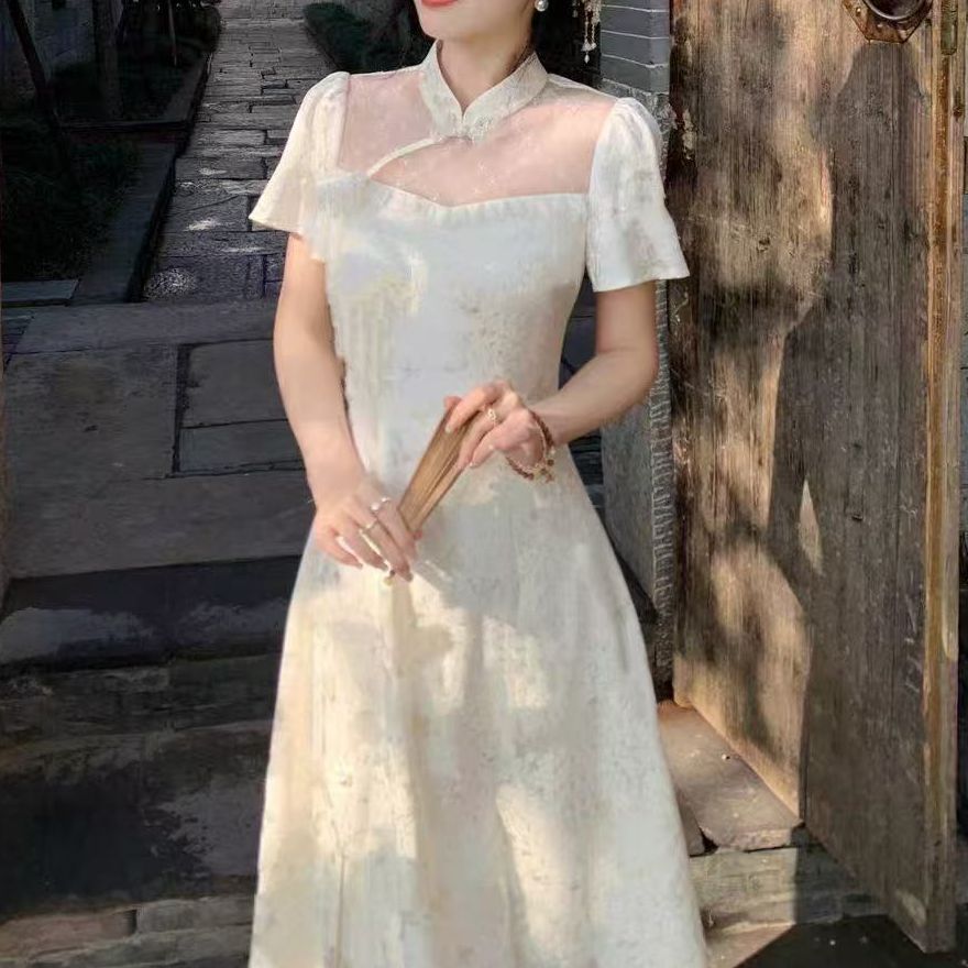 【白月光】新中式气质温婉提花收腰蕾丝A字版旗袍长裙9277