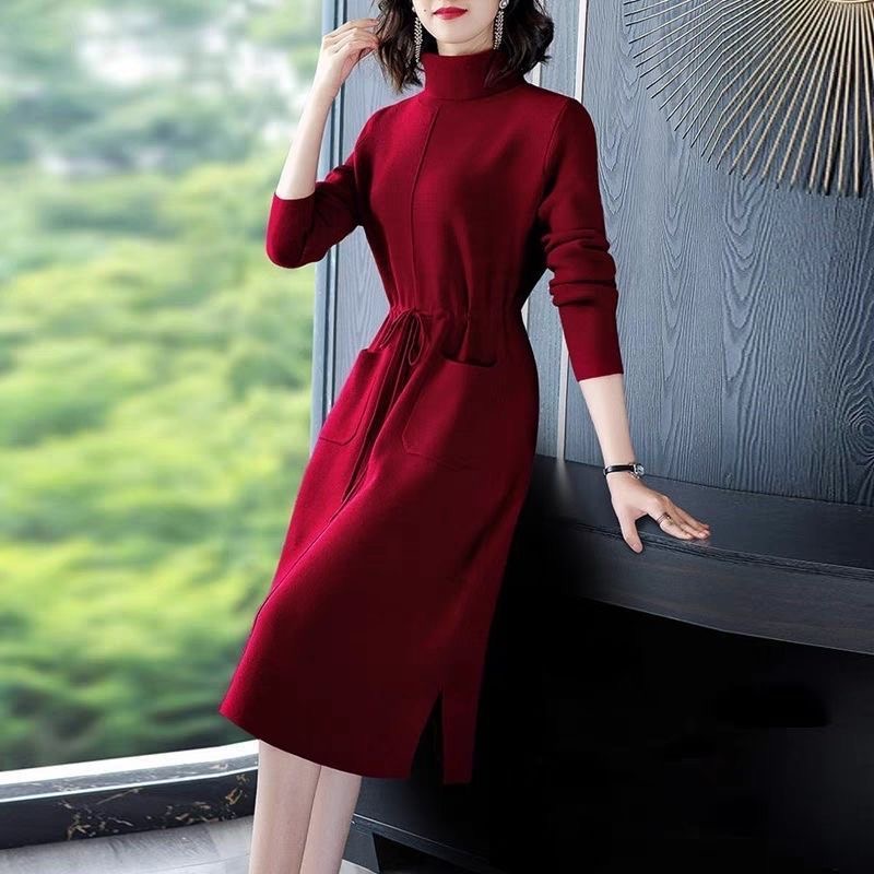 修身显瘦半高领抽绳收腰双口袋气质优雅针织毛衣裙百搭长款连衣裙