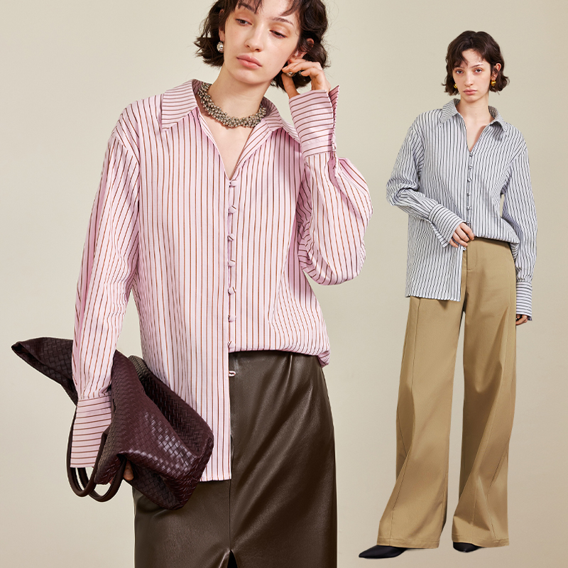 AEL小众条纹长袖衬衫上衣女2025秋季法式通勤百搭衬衣AS5CC402