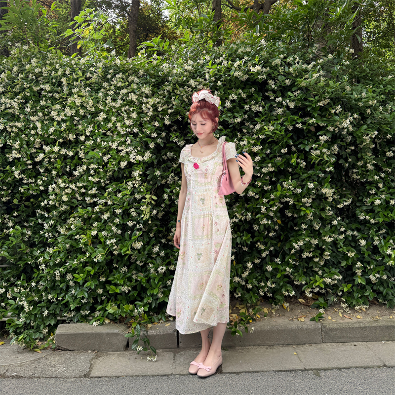 1【100%棉】美静花色碎花显瘦复古甜美连衣裙蕾丝夏季裙子XMZH7468