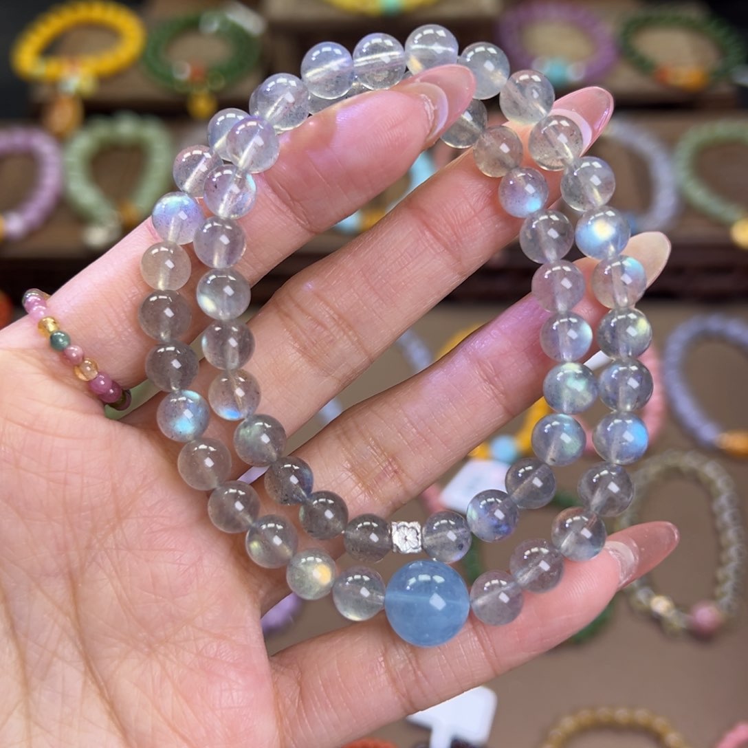 长石手链银S925镶嵌双圈