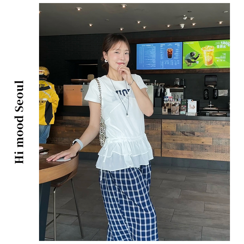 【金恩慧欧尼Hi mood】韩版v领拼接荷叶边腰部抽绳无袖上衣 