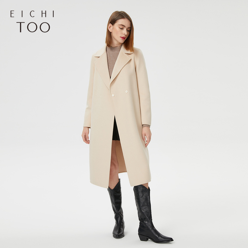 爱居兔冬季通勤撞色腰带长款西装翻领双面呢大衣外套EWDSJ4L017A