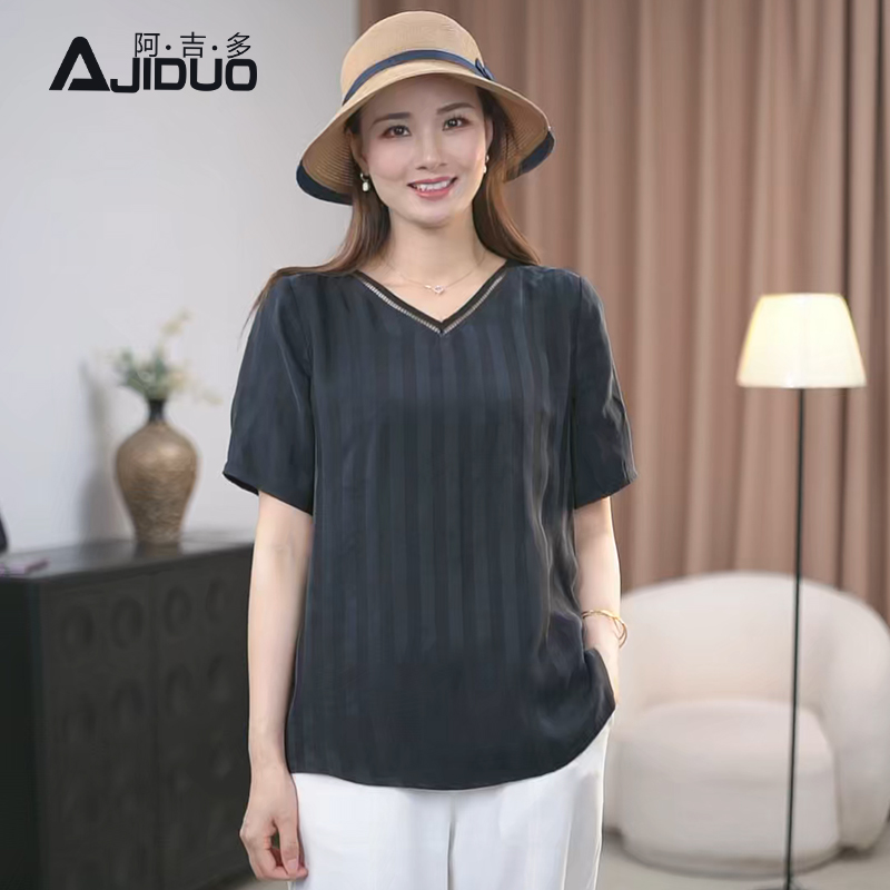阿吉多铜氨丝A31761短袖t恤女夏季新款气质V领大码女士宽松上衣