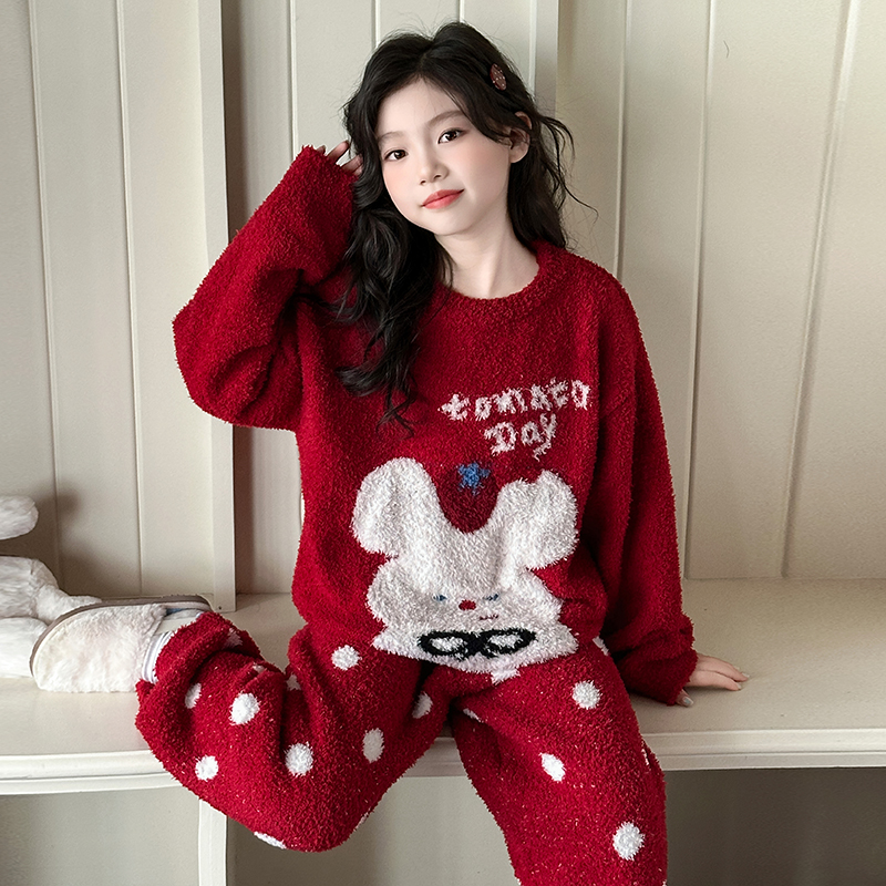 冬季加厚儿童睡衣2025新款初中生本命年半边绒家居服女童居家套装