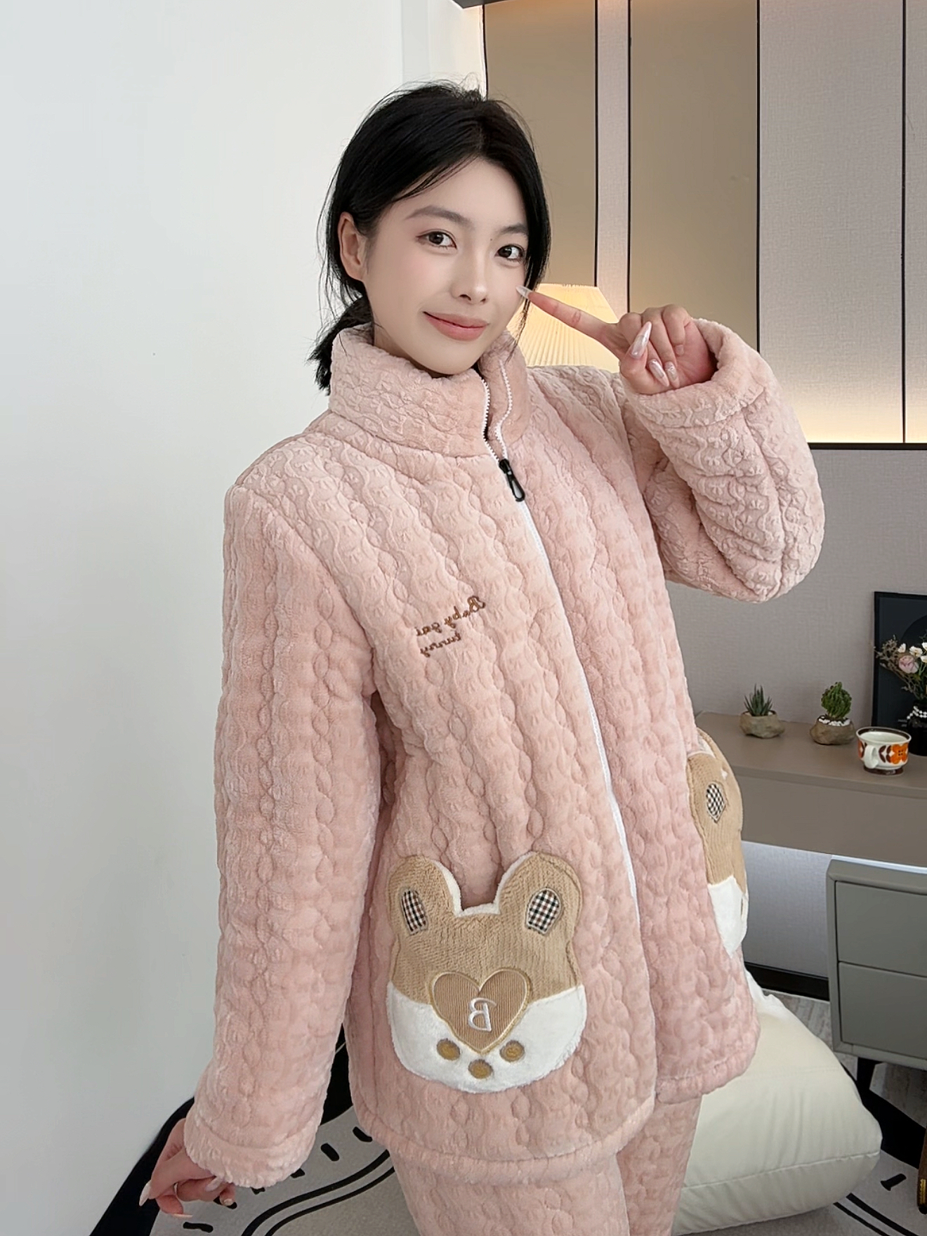 【0240浅粉熊爪】保暖女款休闲皮筋女款冬季高领睡衣冬款冬季女冬季