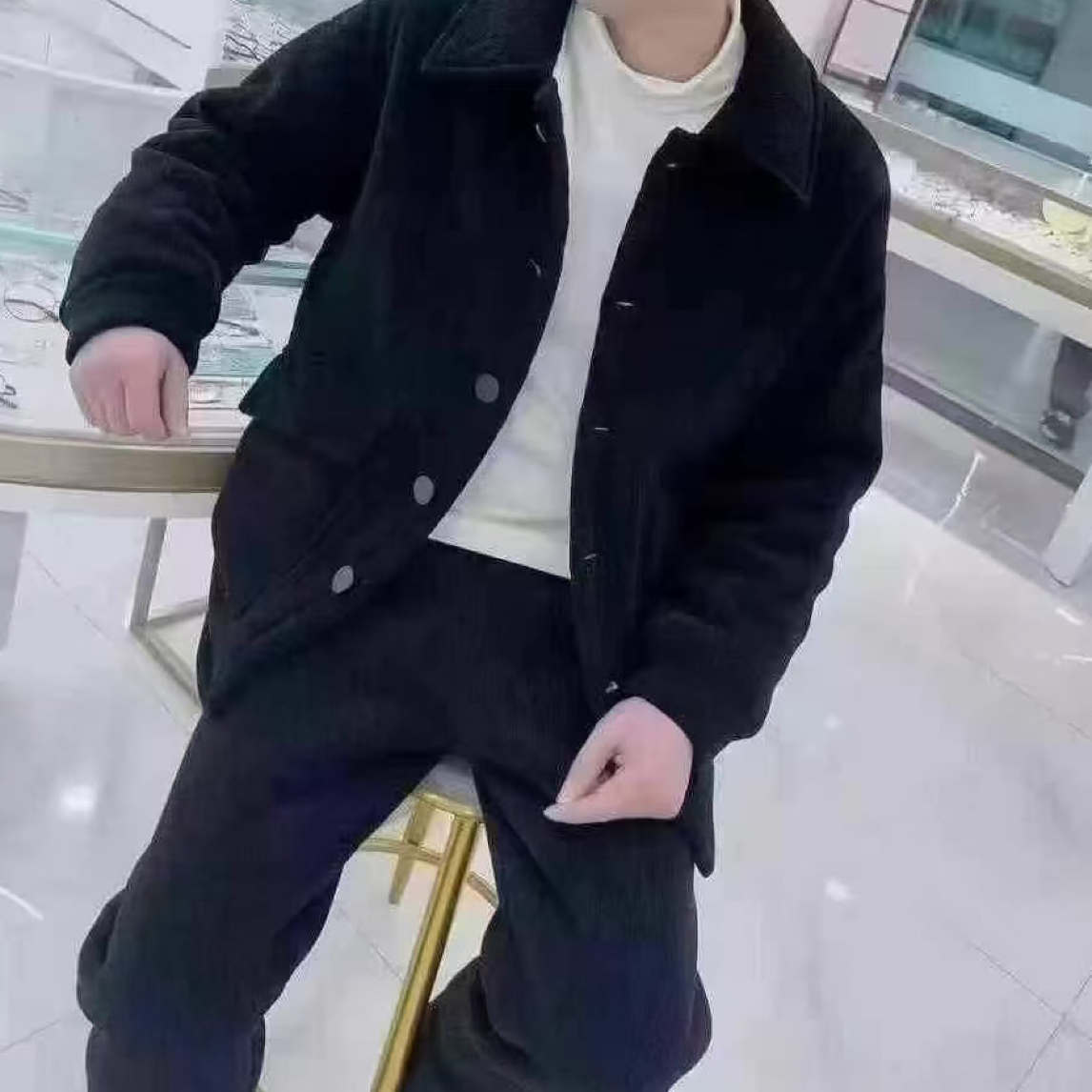 冬季男士雪尼尔三层加绒夹棉加厚翻领可外穿保暖家居服套装