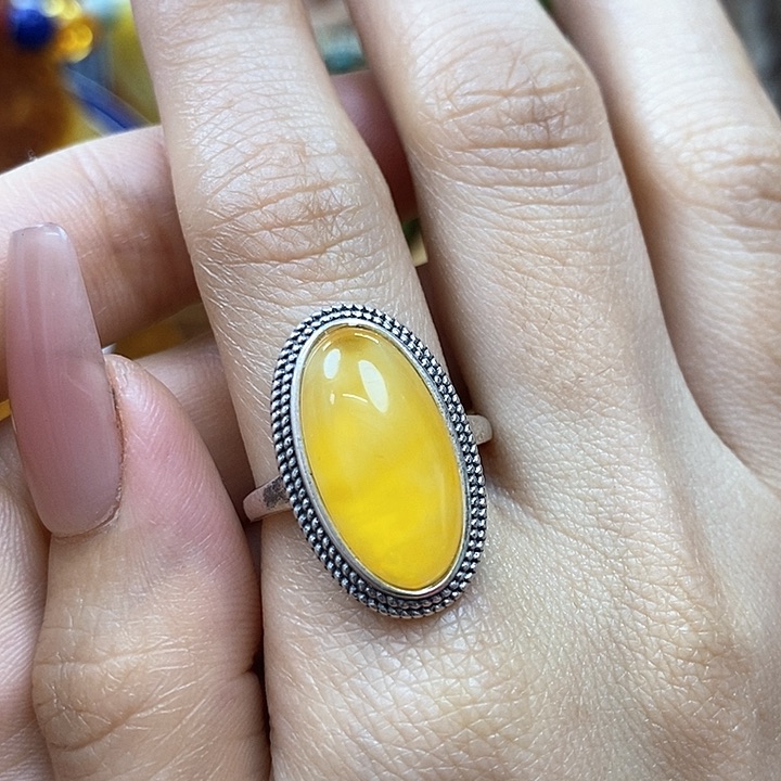 琥珀戒指银S925镶嵌戒指