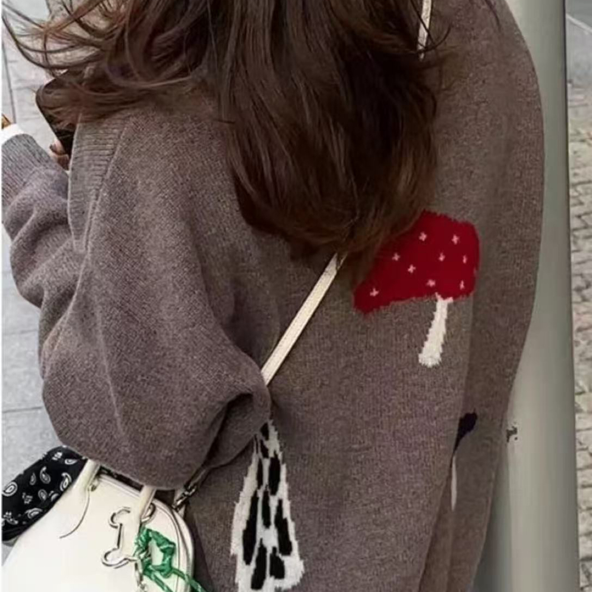 秋冬高品质复古童趣蘑菇提花v领厚实软糯羊毛开衫6640